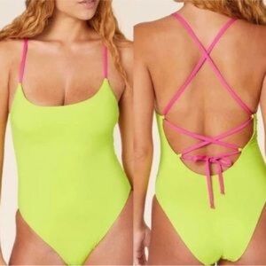 Andie Swim Fiji Neon Lemon Pink Strappy One Piece Swimsuit Size XS
